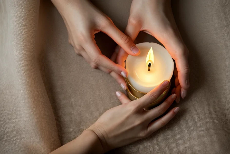 Gros plan sur des mains en position de méditation avec une lueur chaleureuse suggérée.
