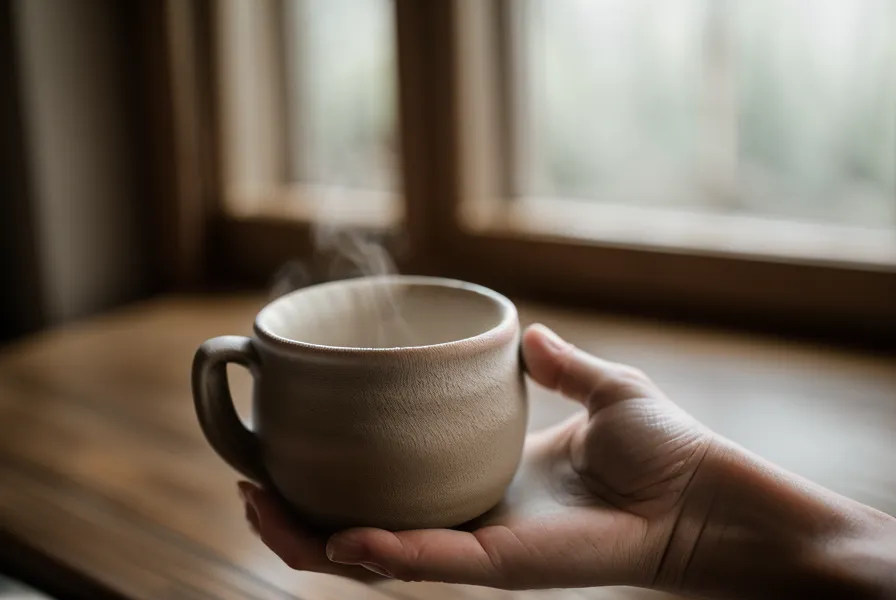Main tenant une tasse chaude à côté d'un bouquet de sauge séchée
