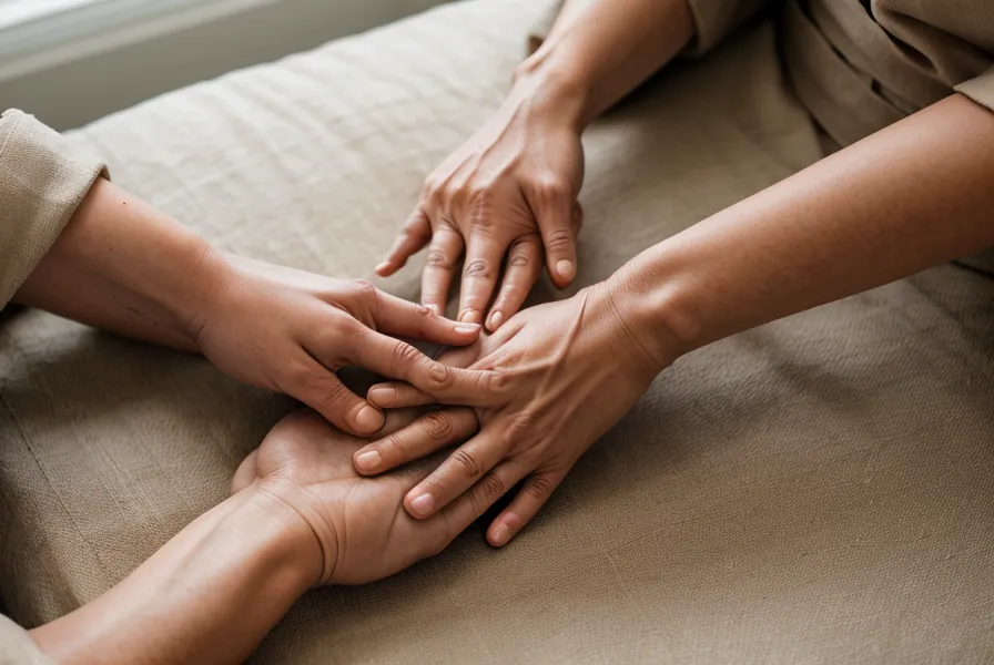 Mains pratiquant le Reiki au-dessus d'un tissu en lin avec des pierres de rivière.