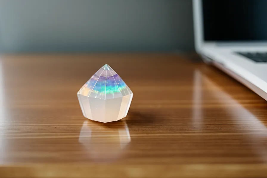 Un cristal de quartz posé sur un bureau à côté d'un ordinateur portable.