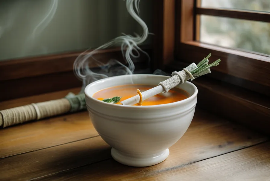 Bâton de sauge qui brûle à côté d'un bol de soupe aux légumes.