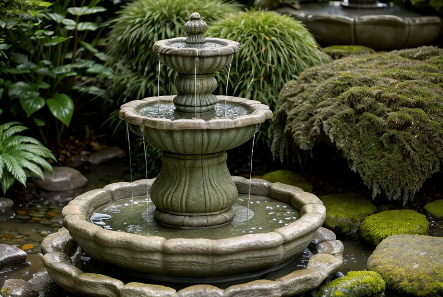 Une fontaine onirique dans un jardin brumeux symbolisant un rêve lucide