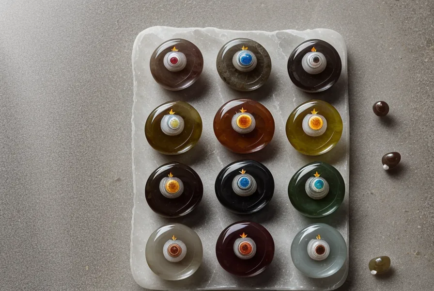 Sept pierres de chakras alignées sur une surface en bois clair