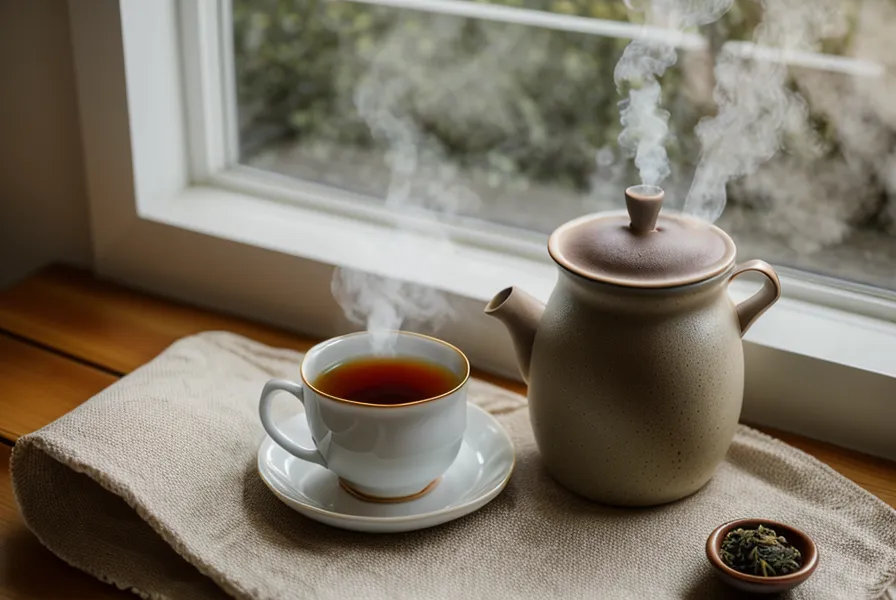 Une tasse de tisane fumante à côté d'un journal intime dans une lumière matinale douce.