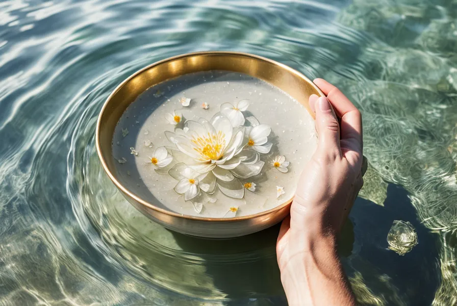 Mains pratiquant un soin énergétique au-dessus d'une coupelle d'eau et de fleurs.