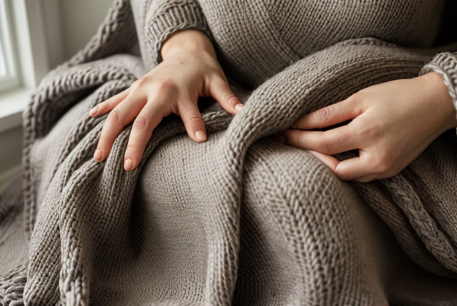 Mains ouvertes posées avec douceur sur un plaid d'hiver en relaxation