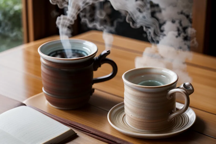 Tasse de thé fumante et carnet de notes personnel près d'un cristal de quartz