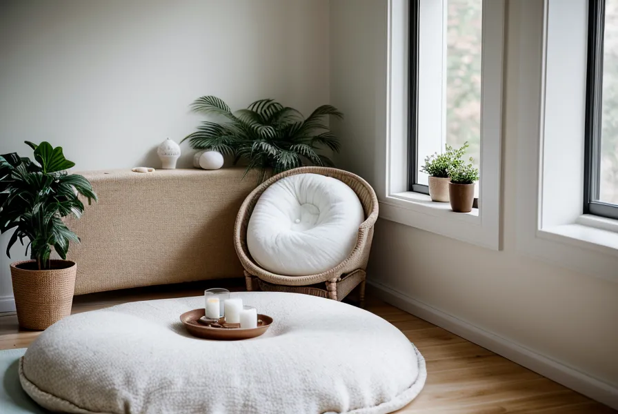 Coin de méditation minimaliste avec coussin zafu et carnet de notes