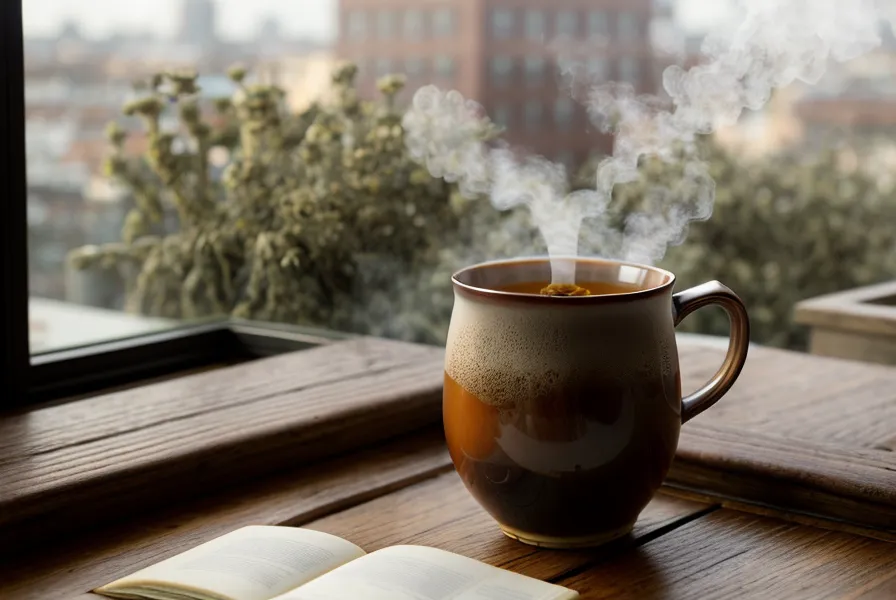 Une tasse de tisane fumante et un carnet de notes près d'une fenêtre à Lyon.